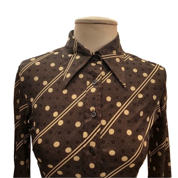 Vintage 70'S Hukapoo Disco style brown and crème polka dot and stripe shirt sz S - Picture 3 of 7